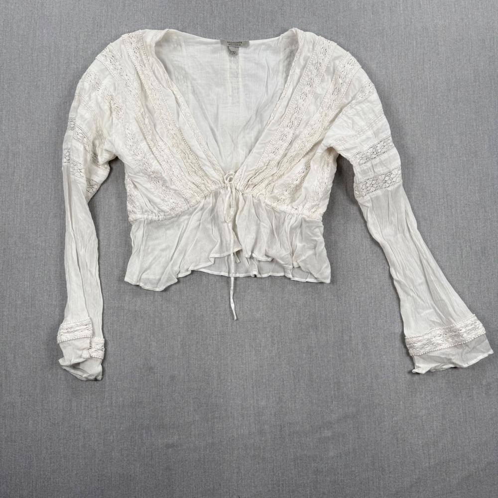 AllSaints Chlo Broderie Top White Cotton Lace V-Neck Tie Front WM224W Mens US 10